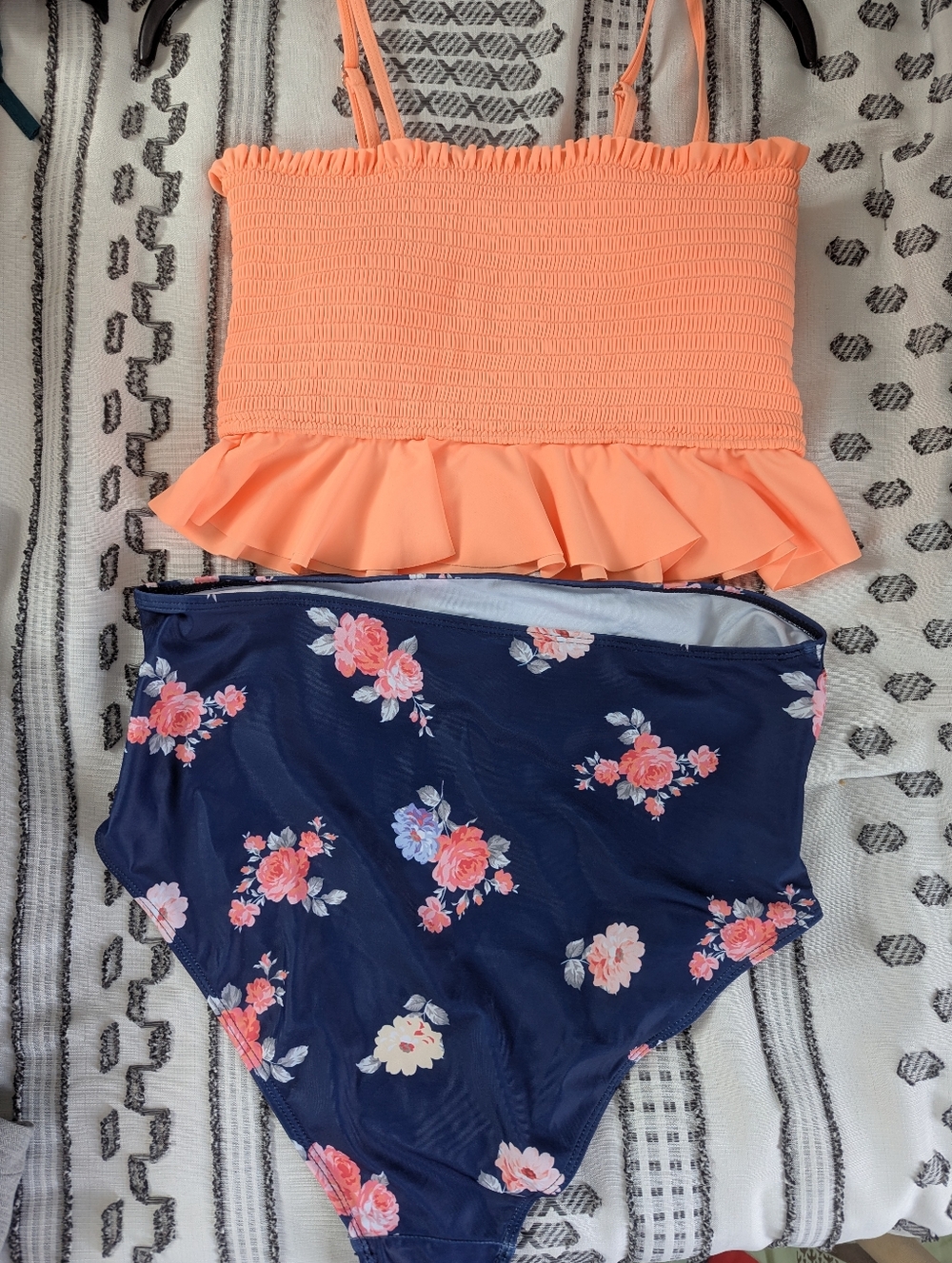 Peach Ruffled Smocked Bikini Top with Navy Floral High-Waist Bottoms,NWOT